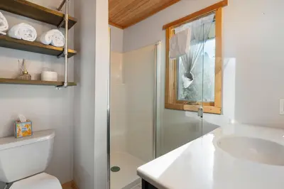 a bathroom with a shower and a toilet and a sink at Peaks Perch home in Granby