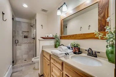 a bathroom with a sink and a shower at Hygge Haus - 2BD Lake View & Pet Friendly Retreat in Dillon