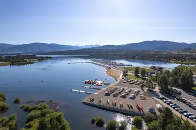 an aerial view of a marina on a lake at Marina Park Mountain View Townhome: Heart of Frisco in Frisco
