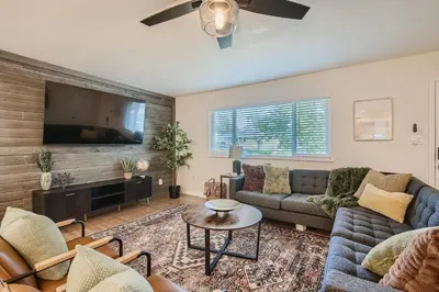 a living room with a couch and a tv at Private Home - Hot Tub, Game Room, Fire Pit, Fenced Yard in Westminster