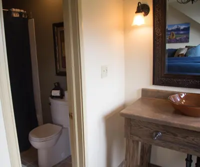 a bathroom with a toilet and a sink and a mirror at The Silver Lake Lodge - Adults Only in Idaho Springs