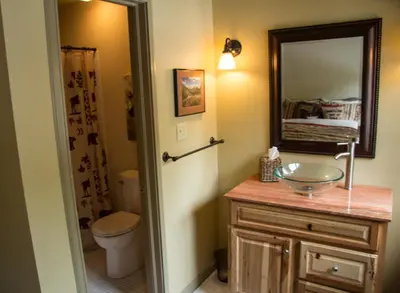 a bathroom with a sink and a toilet and a mirror at The Silver Lake Lodge - Adults Only in Idaho Springs
