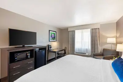 a hotel room with a bed and a flat screen tv at Best Western Greeley in Greeley