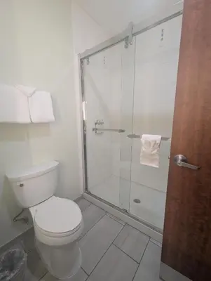 a bathroom with a toilet and a glass shower at Holiday Inn Express Hotel & Suites Loveland by IHG in Loveland