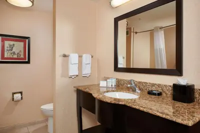 a bathroom with a sink and a toilet and a mirror at Hampton Inn & Suites Denver/Highlands Ranch in Littleton