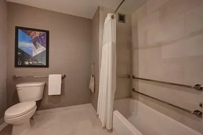 a bathroom with a toilet and a bath tub at DoubleTree by Hilton Denver International Airport, CO in Denver