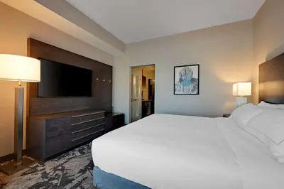 a hotel room with a large bed and a flat screen tv at DoubleTree by Hilton Denver International Airport, CO in Denver