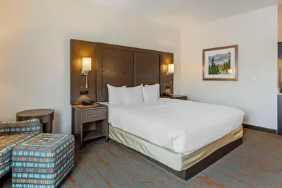a hotel room with a large bed and a couch at Comfort Inn & Suites Brighton Denver NE Medical Center in Brighton