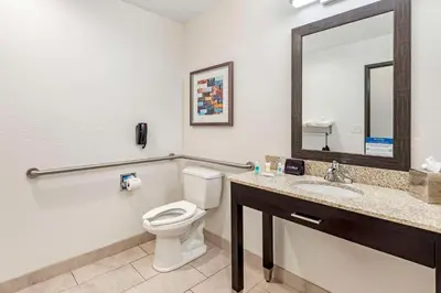 a bathroom with a toilet and a sink and a mirror at Comfort Inn & Suites Brighton Denver NE Medical Center in Brighton
