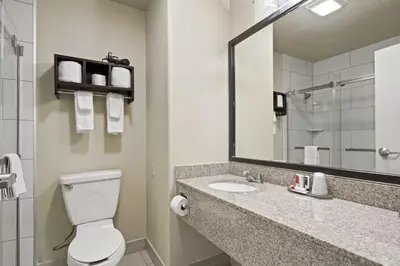 a bathroom with a toilet and a sink with a mirror at Baymont by Wyndham Henderson-Northeast Denver in Henderson