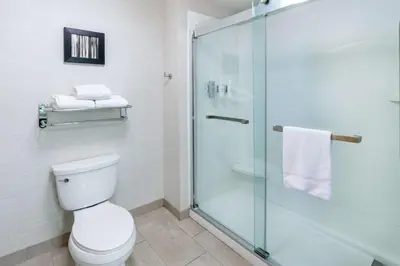 a bathroom with a toilet and a glass shower at Homewood Suites by Hilton Denver - Littleton in Littleton