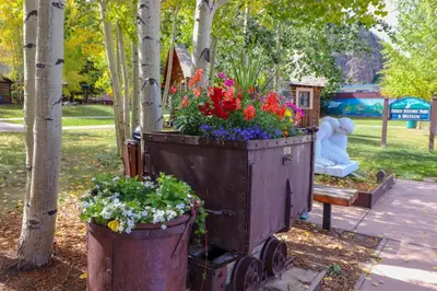 a garden with flowers in a wooden cart at Condo Right On Main Street By Daniel in Frisco