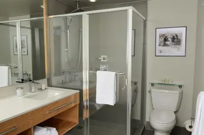 a bathroom with a shower and a toilet and a sink at Hotel Indigo Denver Downtown - Union Station by IHG in Denver