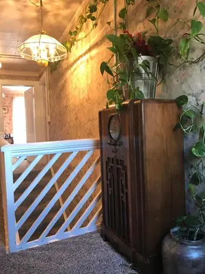 a room with a white fence and a tv with plants on it at Historic Windsor in Silver Plume