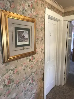 a picture hanging on a wall with floral wallpaper at Historic Windsor in Silver Plume