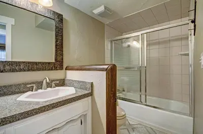 a bathroom with a sink and a shower and a toilet at A308 Lake Cliffe Condo in Dillon