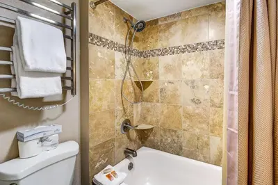 a bathroom with a shower and a tub and a toilet at 1088 Wild Irishman Condo in Keystone