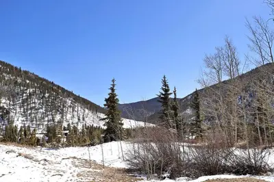 a snowy field with trees and mountains in the background at 1610 Quicksilver Condo in Keystone