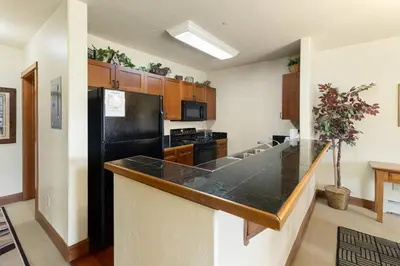 a kitchen with a black refrigerator and a black counter top at 201 Oro Grande Condo in Keystone