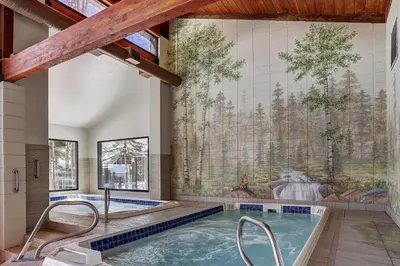 a bathroom with a jacuzzi tub and a wall mural at 2112 The Pines Condo in Keystone