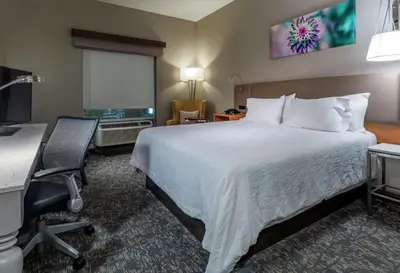 a hotel room with a bed and a desk and a computer at Hilton Garden Inn Arvada/Denver, CO in Arvada