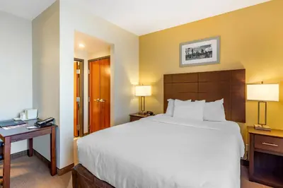 a hotel room with a large bed and two lamps at MainStay Suites Near Denver Downtown in Denver