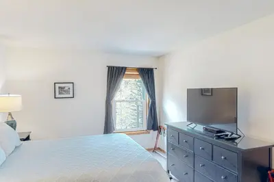 a bedroom with a bed and a tv and a window at Buffalo Village Condo & Treetop Hideaway in Silverthorne