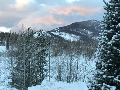 a snow covered mountain with trees in the foreground at Hideaway Mountain Lodge in Fraser