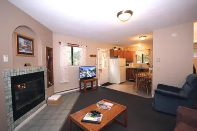 a living room with a couch and a fireplace at Streamside on Fall River in Estes Park