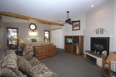 a bedroom with a bed and a couch and a fireplace at Streamside on Fall River in Estes Park