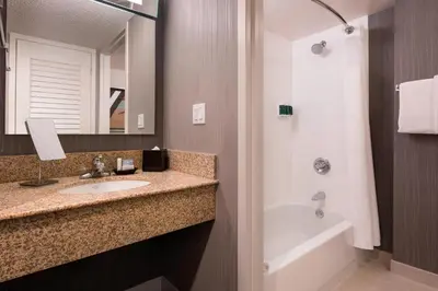 a bathroom with a sink and a tub and a mirror at Courtyard by Marriott Denver Airport in Denver