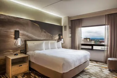 a hotel room with a bed and a large window at Hilton Denver City Center in Denver