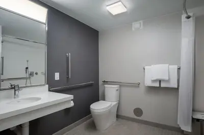 a bathroom with a toilet and a sink and a mirror at Courtyard Denver Tech Center in Greenwood Village