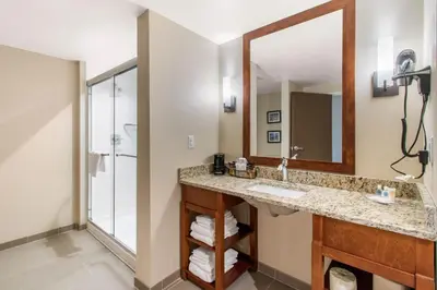 a bathroom with a sink and a mirror at Comfort Suites Denver near Anschutz Medical Campus in Aurora