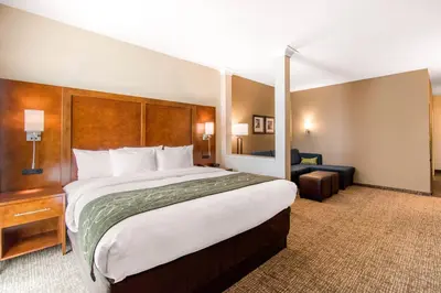 a hotel room with a large bed and a chair at Comfort Suites Denver near Anschutz Medical Campus in Aurora