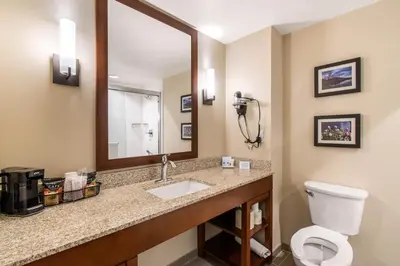 a bathroom with a sink and a toilet and a mirror at Comfort Suites Denver near Anschutz Medical Campus in Aurora