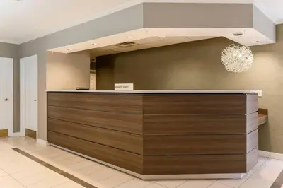 a lobby with a reception desk with a chandelier at Residence Inn by Marriott Denver Golden/Red Rocks in Golden