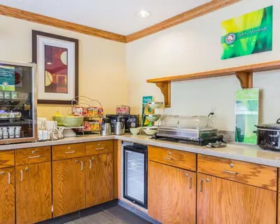 a kitchen with wooden cabinets and a counter top at Quality Inn & Suites Golden - Denver West in Lakewood