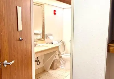 a bathroom with a toilet and a sink and a mirror at Quality Inn & Suites Golden - Denver West in Lakewood