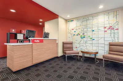 a lobby with a large map on the wall at TownePlace Suites by Marriott Denver West Federal Center in Lakewood