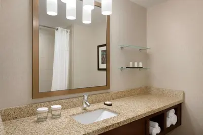 a bathroom with a sink and a mirror at Embassy Suites by Hilton Denver Downtown Convention Center in Denver