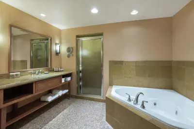 a large bathroom with a tub and a shower at Embassy Suites Loveland Conference Center in Loveland