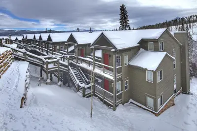 an aerial view of a house in the snow at A5 Gore Trail Condo in Silverthorne