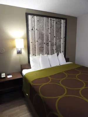 a hotel room with a bed with a head board at Super 8 by Wyndham Westminster Denver North in Westminster