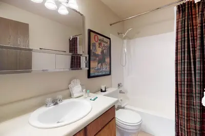 a bathroom with a sink and a toilet and a shower at Buffalo Ridge 205 in Silverthorne