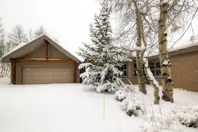 a snow covered tree in front of a garage at Aspen View in Silverthorne