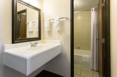 a bathroom with a sink and a mirror and a shower at Days Inn by Wyndham Fort Collins in Fort Collins