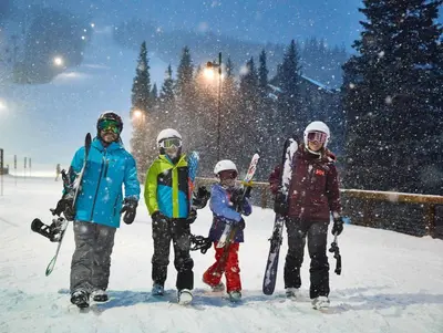 a group of people standing in the snow at Jackpine 8021 in Keystone