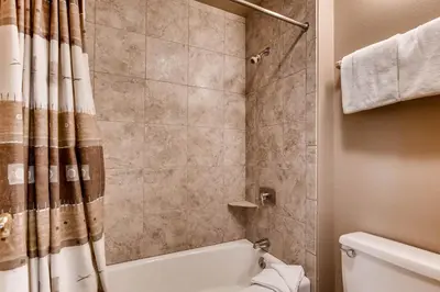 a bathroom with a shower and a tub and a toilet at Quicksilver 1662 in Keystone