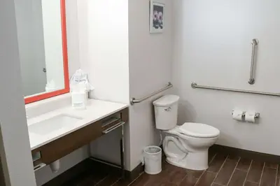 a bathroom with a toilet and a sink and a mirror at Hampton Inn & Suites Lafayette in Lafayette